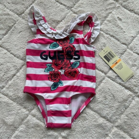 Guess | Pink and Cream Ruffle Striped Floral One piece Swim | Size 12 Months - Picture 1 of 8